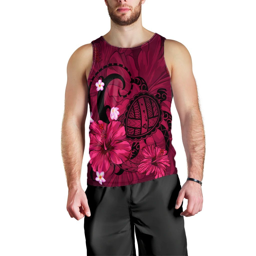 Hawaiian Map Big Turtle Hibiscus Plumeria Tribal Polynesian Tank Top - Pink - AH Black - Polynesian Pride