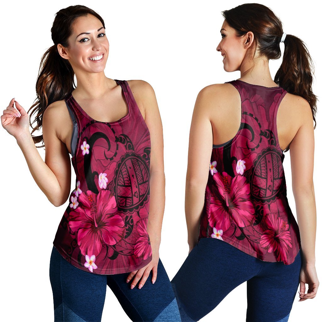 Hawaiian Map Big Turtle Hibiscus Plumeria Tribal Polynesian Racerback Tank - Pink - AH Black - Polynesian Pride