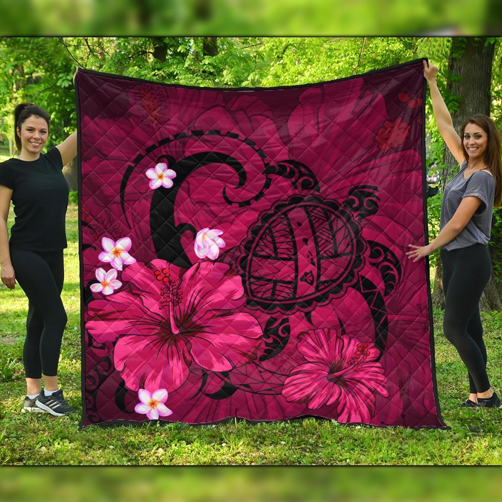 Hawaiian Map Big Turtle Hibiscus Plumeria Tribal Polynesian Premium Quilts - Pink - AH Black - Polynesian Pride