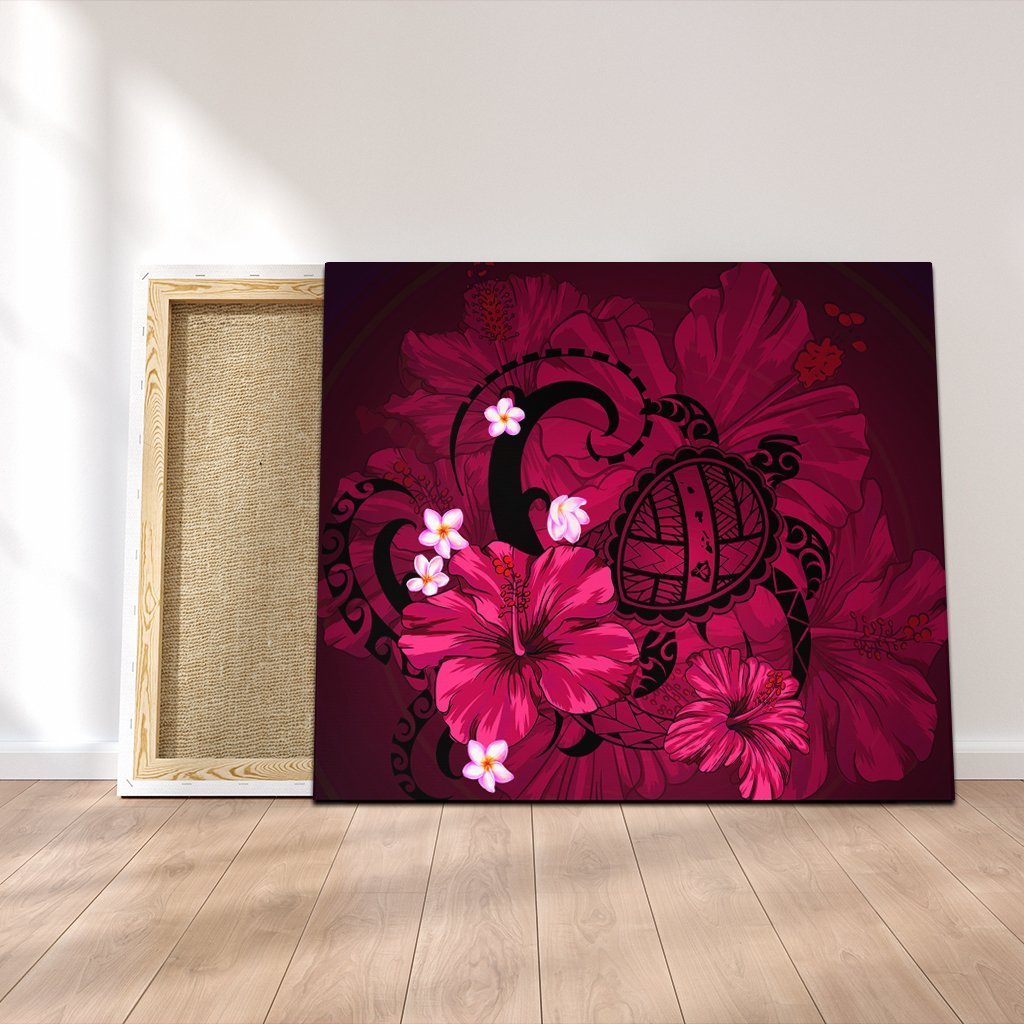 Hawaiian Map Big Turtle Hibiscus Plumeria Tribal Polynesian Canvas - Pink - AH Canvas Poly-cotton - Polynesian Pride