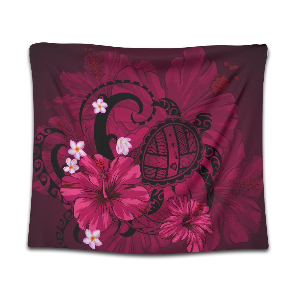 Hawaiian Map Big Turtle Hibiscus Plumeria Tribal Polynesian Tapestry - Pink - AH Wall Tapestry Black - Polynesian Pride