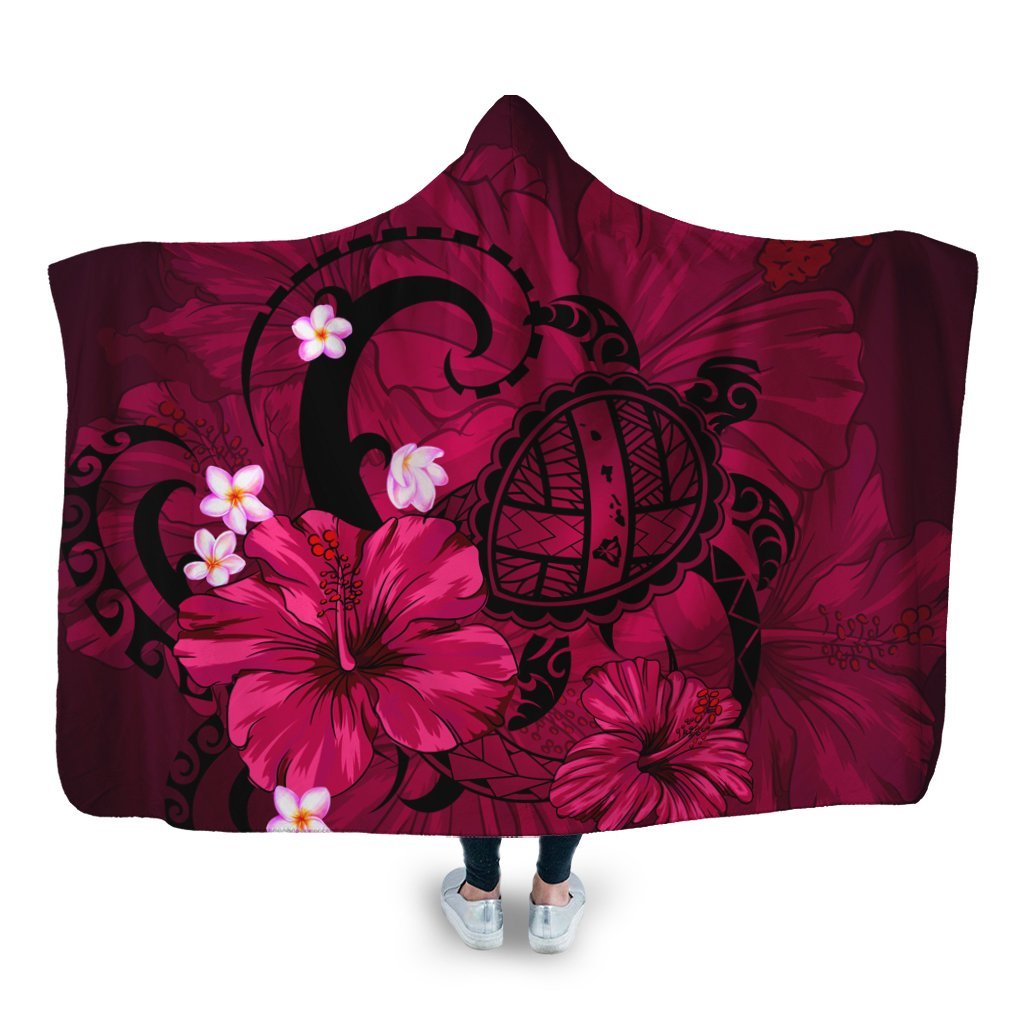 Hawaiian Map Big Turtle Hibiscus Plumeria Tribal Polynesian Hooded Blanket - Pink - AH Hooded Blanket White - Polynesian Pride