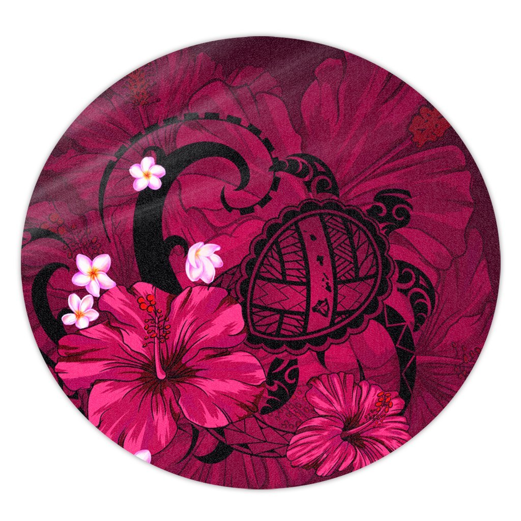 Hawaiian Map Big Turtle Hibiscus Plumeria Tribal Polynesian Round Carpet - Pink - AH Round Carpet Luxurious Plush - Polynesian Pride