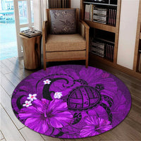 Hawaiian Map Big Turtle Hibiscus Plumeria Tribal Polynesian Round Carpet - Purple - AH - Polynesian Pride