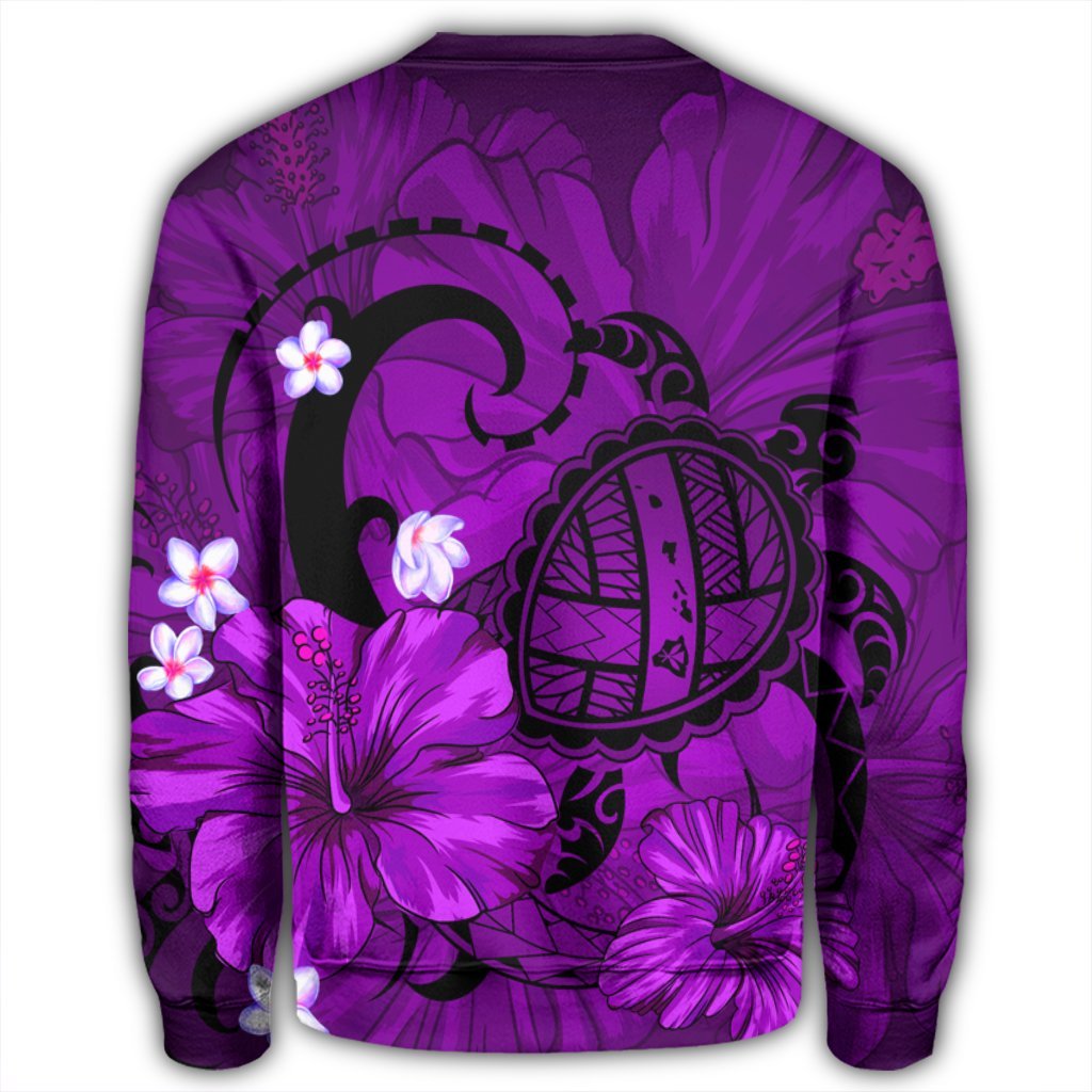 Hawaiian Map Big Turtle Hibiscus Plumeria Tribal Polynesian Sweatshirt - Purple - AH - Polynesian Pride