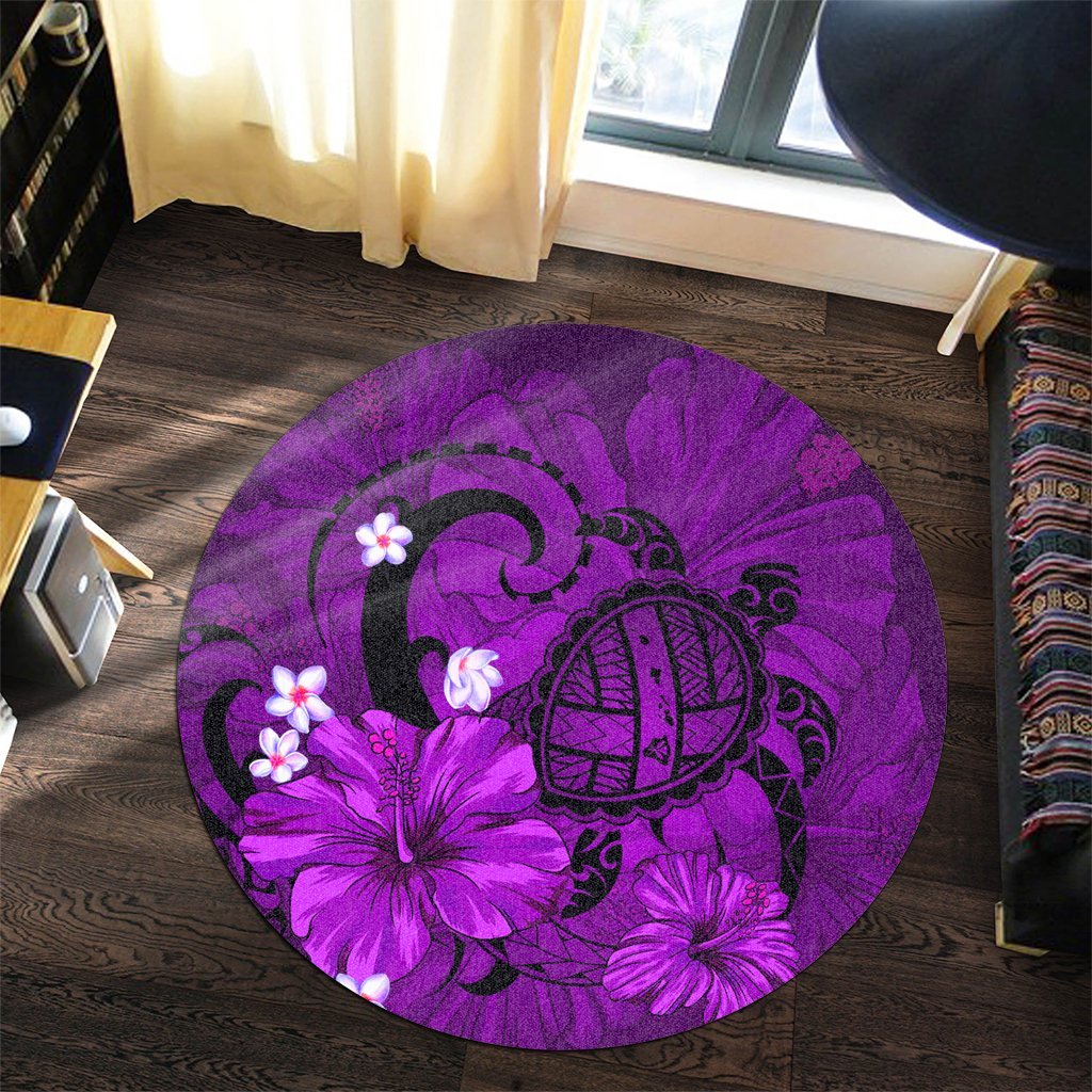 Hawaiian Map Big Turtle Hibiscus Plumeria Tribal Polynesian Round Carpet - Purple - AH - Polynesian Pride
