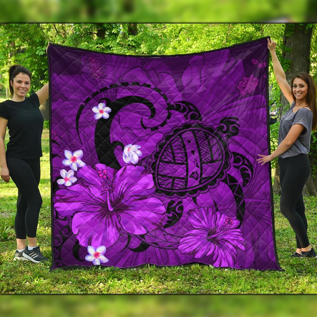 Hawaiian Map Big Turtle Hibiscus Plumeria Tribal Polynesian Premium Quilts - Purple - AH Black - Polynesian Pride