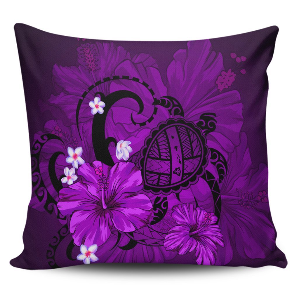 Hawaiian Map Big Turtle Hibiscus Plumeria Tribal Polynesian Pillow Covers - Purple - AH Pillow Covers Black - Polynesian Pride