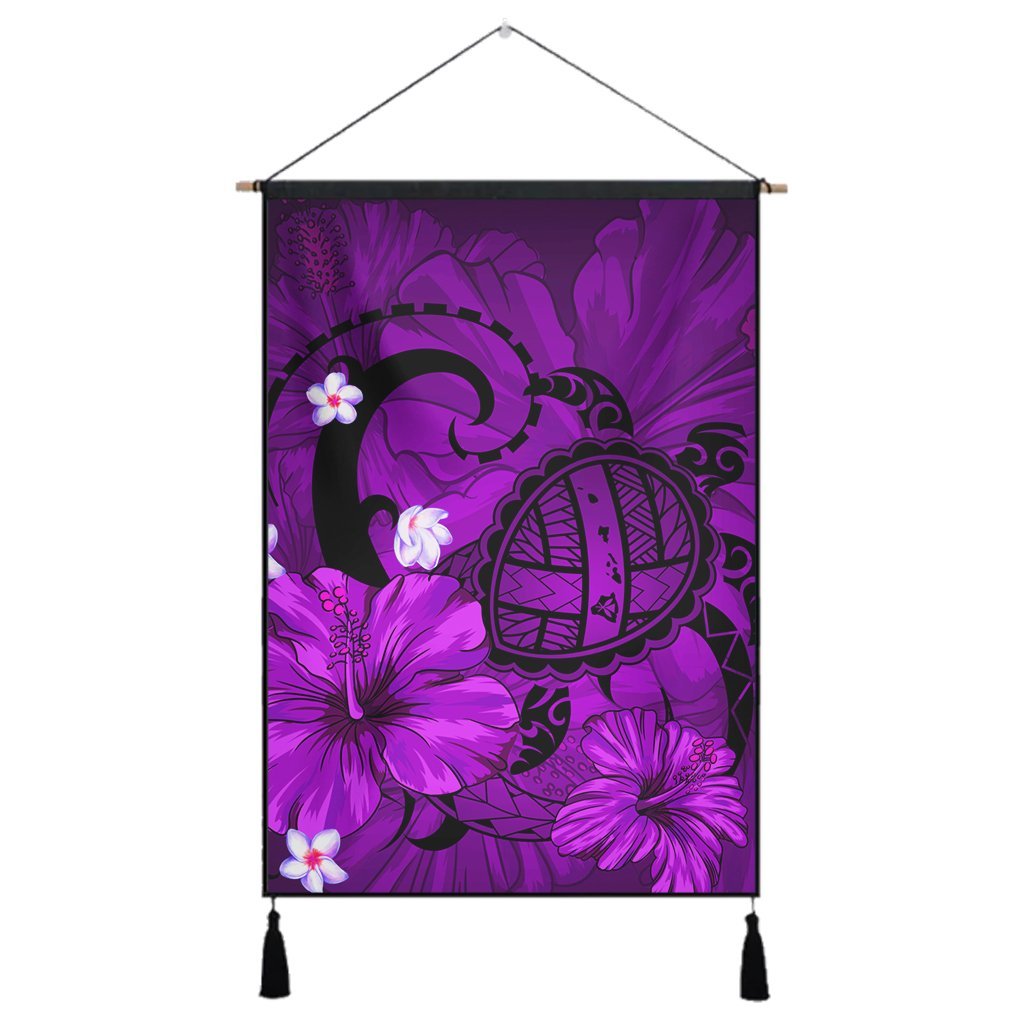 Hawaiian Map Big Turtle Hibiscus Plumeria Tribal Polynesian Hanging Poster - Purple - AH Hanging Poster Cotton And Linen - Polynesian Pride