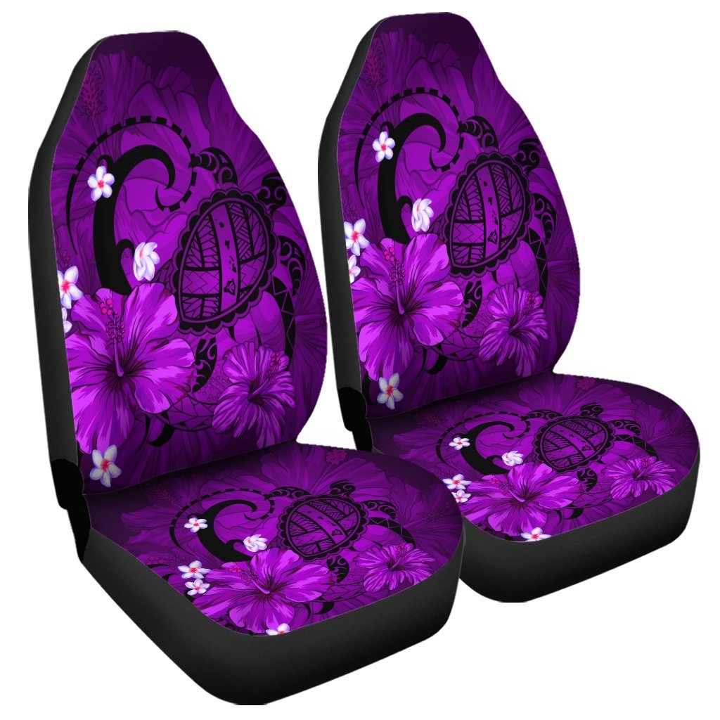 Hawaiian Map Big Turtle Hibiscus Plumeria Tribal Polynesian Car Seat Covers - Purple - AH Universal Fit Black - Polynesian Pride