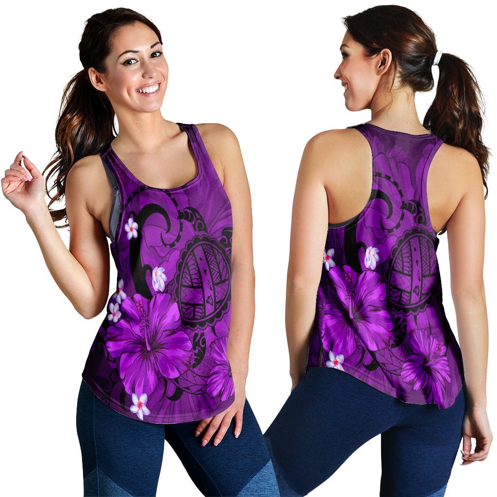 Hawaiian Map Big Turtle Hibiscus Plumeria Tribal Polynesian Racerback Tank - Purple - AH Black - Polynesian Pride