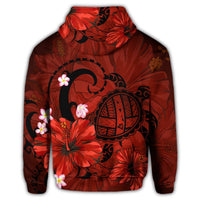 Hawaiian Map Big Turtle Hibiscus Plumeria Tribal Polynesian Zip Hoodie Red - Polynesian Pride