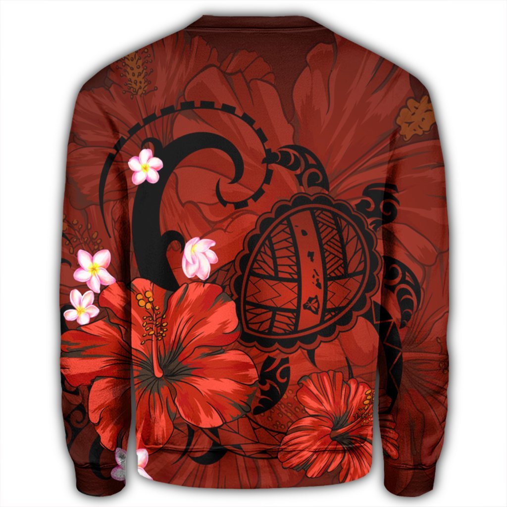 Hawaiian Map Big Turtle Hibiscus Plumeria Tribal Polynesian Sweatshirt - Red - AH - Polynesian Pride