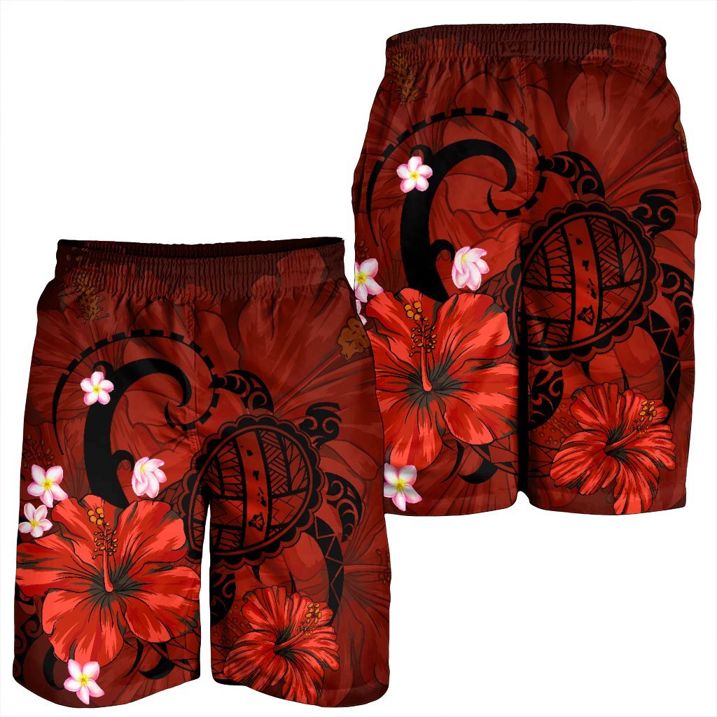 Hawaiian Map Big Turtle Hibiscus Plumeria Tribal Polynesian Men's Shorts - Red - AH - Polynesian Pride