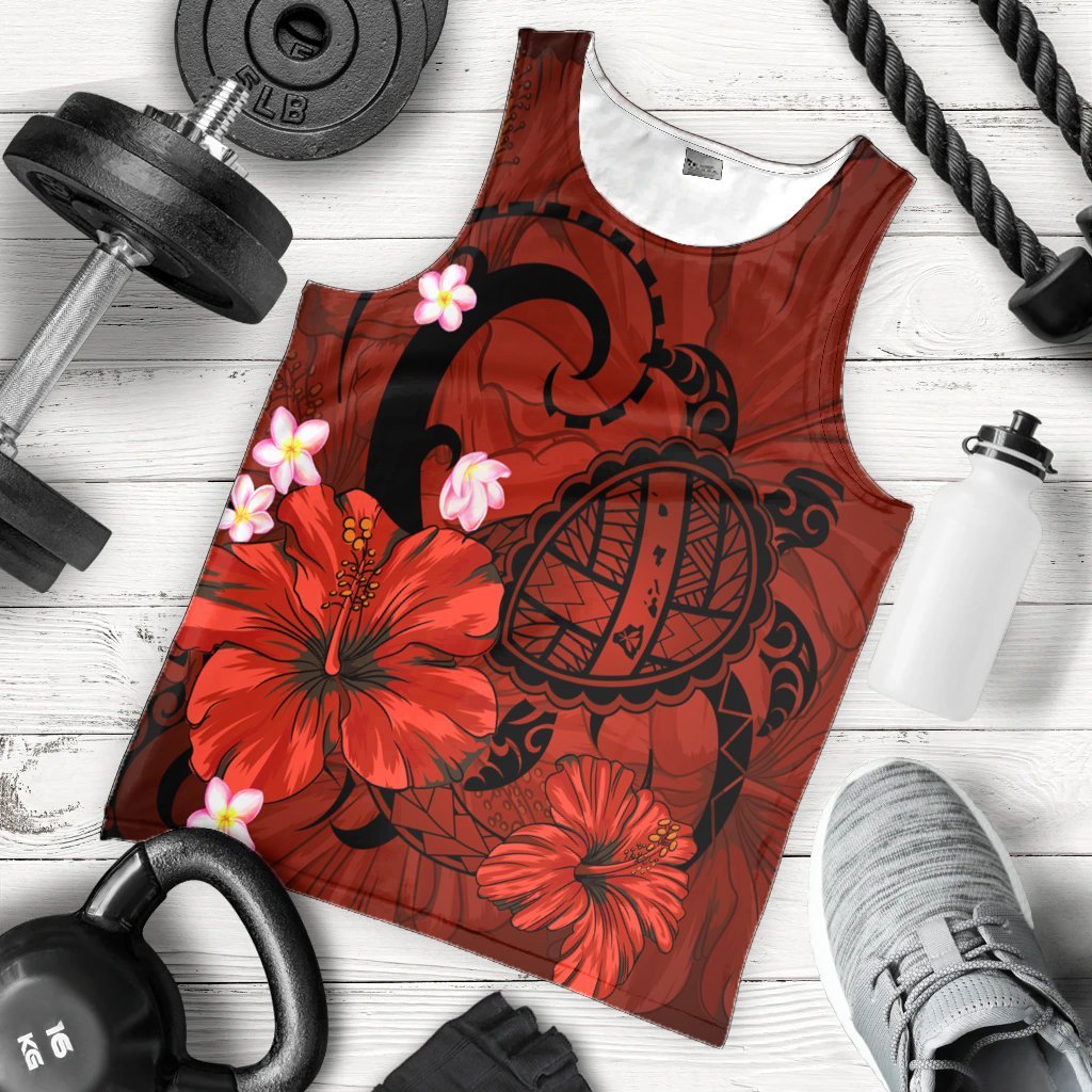 Hawaiian Map Big Turtle Hibiscus Plumeria Tribal Polynesian Tank Top - Red - AH - Polynesian Pride