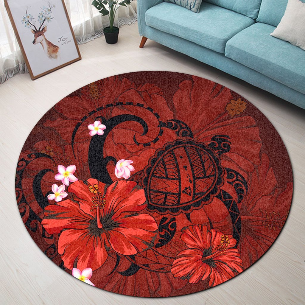 Hawaiian Map Big Turtle Hibiscus Plumeria Tribal Polynesian Round Carpet - Red - AH - Polynesian Pride
