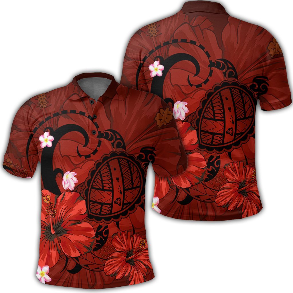 Hawaiian Map Big Turtle Hibiscus Plumeria Tribal Polynesian Polo Shirt Red Unisex Black - Polynesian Pride