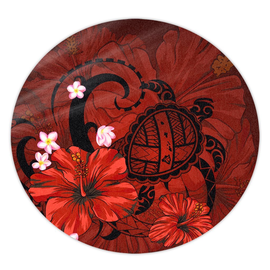 Hawaiian Map Big Turtle Hibiscus Plumeria Tribal Polynesian Round Carpet - Red - AH Round Carpet Luxurious Plush - Polynesian Pride