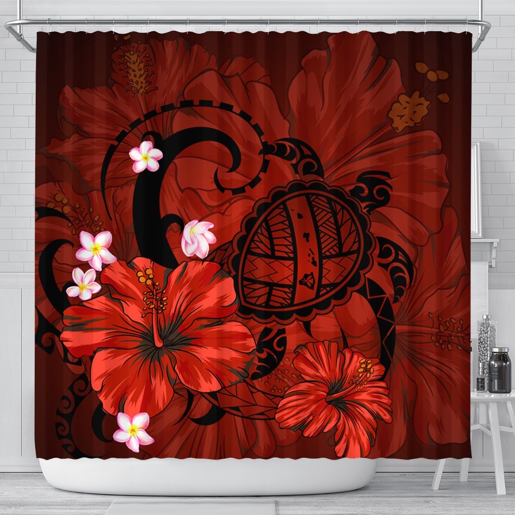 Hawaiian Map Big Turtle Hibiscus Plumeria Tribal Polynesian Shower Curtain - Red - AH 177 x 172 (cm) Black - Polynesian Pride