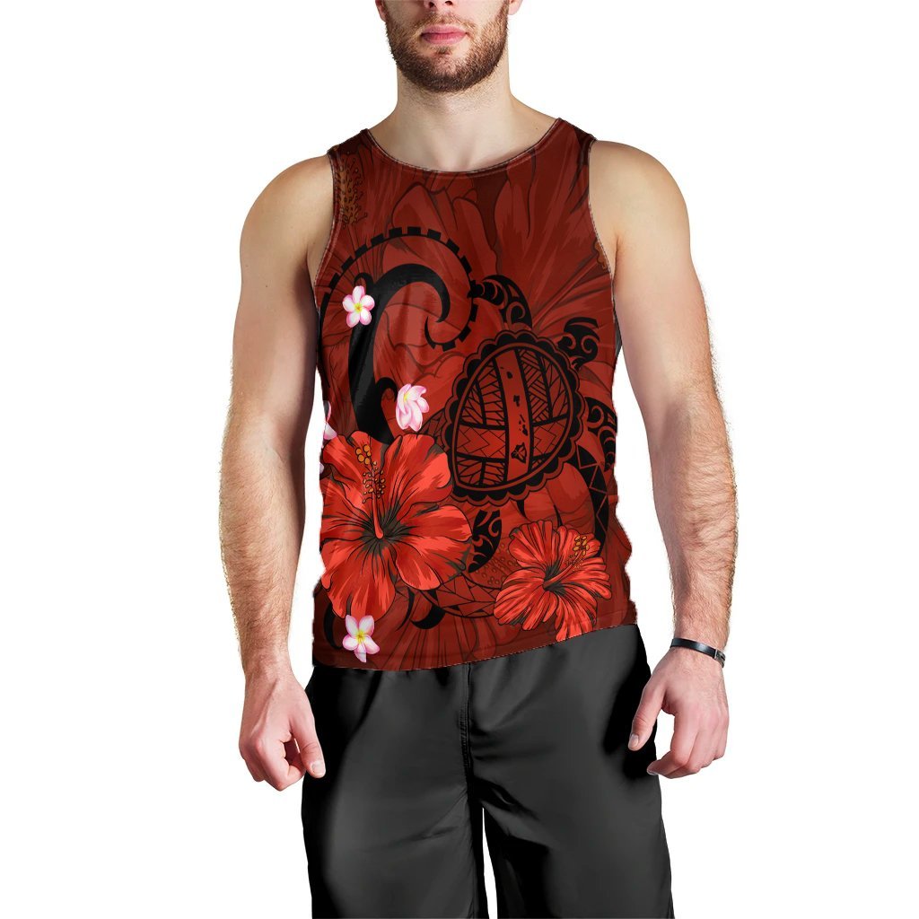 Hawaiian Map Big Turtle Hibiscus Plumeria Tribal Polynesian Tank Top - Red - AH Black - Polynesian Pride