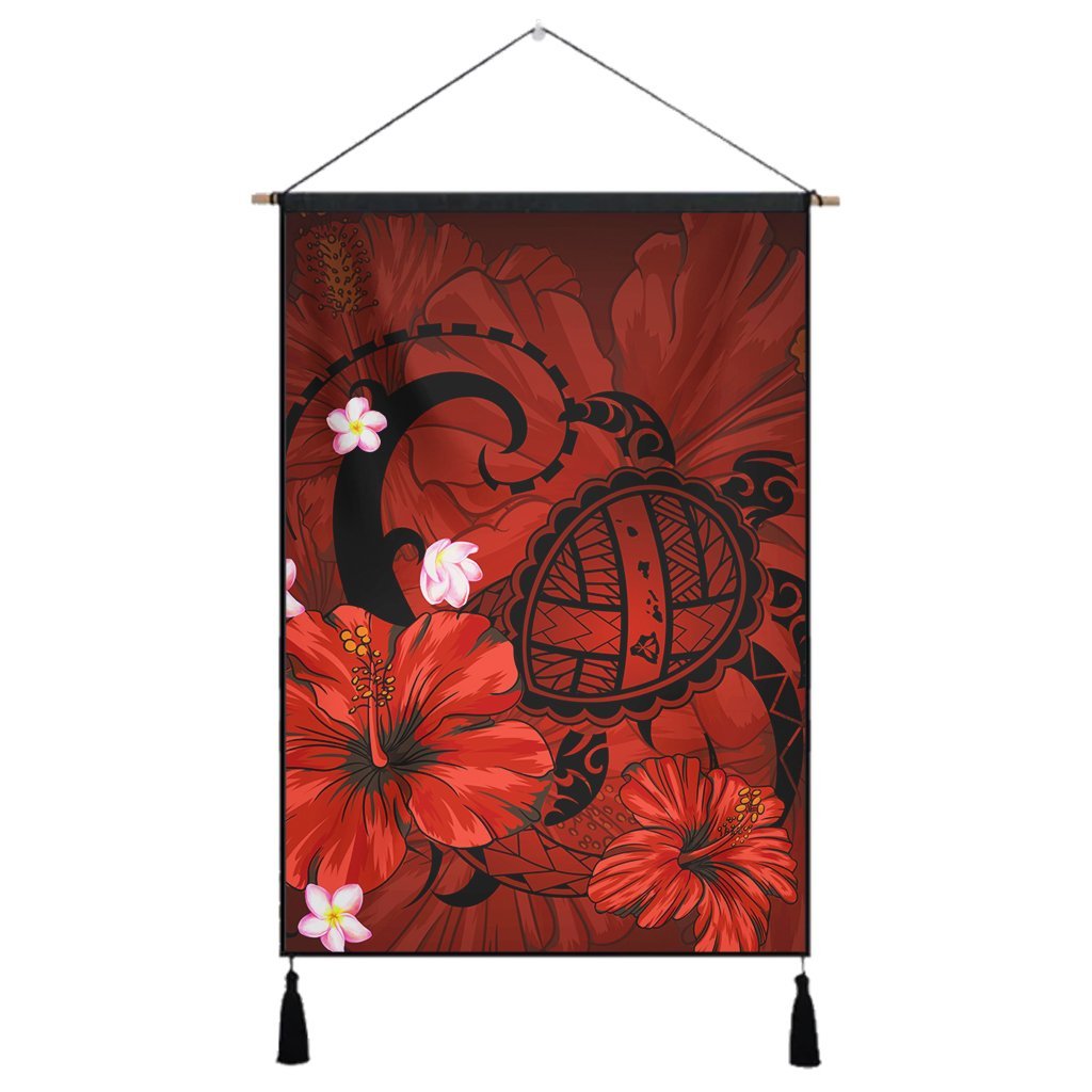 Hawaiian Map Big Turtle Hibiscus Plumeria Tribal Polynesian Hanging Poster - Red - AH Hanging Poster Cotton And Linen - Polynesian Pride