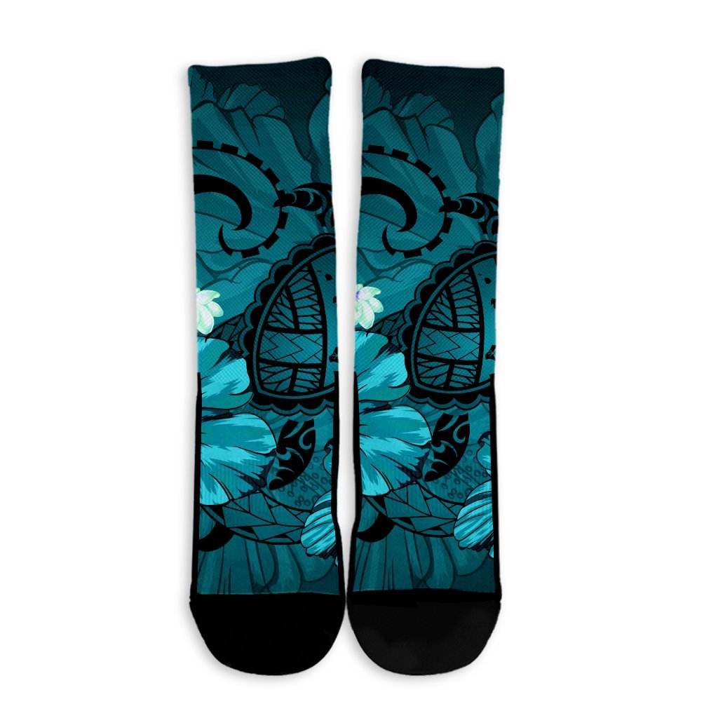 Hawaiian Map Big Turtle Hibiscus Plumeria Tribal Polynesian Crew Socks - Turquoise - AH - Polynesian Pride