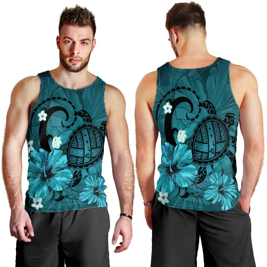 Hawaiian Map Big Turtle Hibiscus Plumeria Tribal Polynesian Tank Top - Turquoise - AH - Polynesian Pride