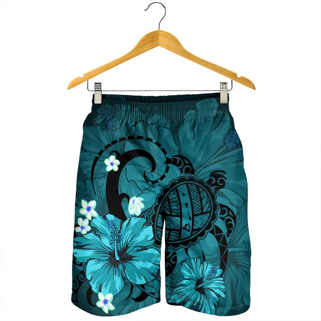 Hawaiian Map Big Turtle Hibiscus Plumeria Tribal Polynesian Men's Shorts - Turquoise - AH - Polynesian Pride