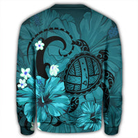 Hawaiian Map Big Turtle Hibiscus Plumeria Tribal Polynesian Sweatshirt - Turquoise - AH - Polynesian Pride