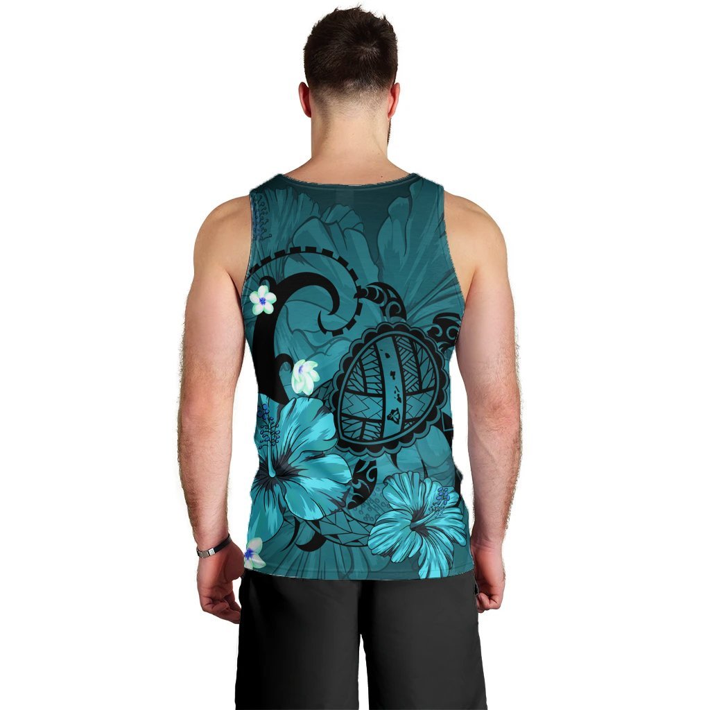 Hawaiian Map Big Turtle Hibiscus Plumeria Tribal Polynesian Tank Top - Turquoise - AH - Polynesian Pride