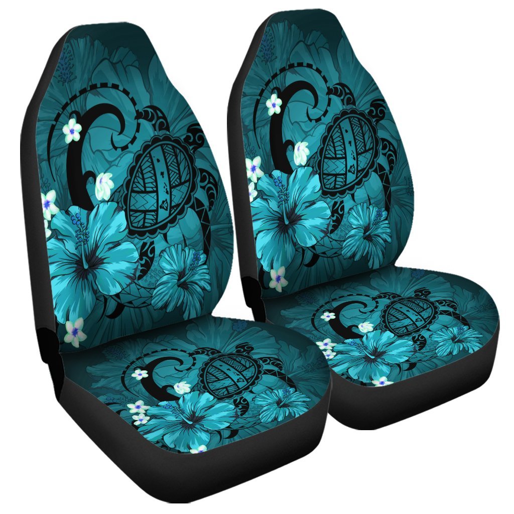 Hawaiian Map Big Turtle Hibiscus Plumeria Tribal Polynesian Car Seat Covers - Turquoise - AH Universal Fit Black - Polynesian Pride