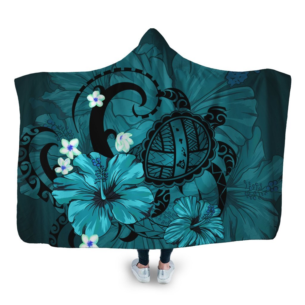 Hawaiian Map Big Turtle Hibiscus Plumeria Tribal Polynesian Hooded Blanket - Turquoise - AH Hooded Blanket White - Polynesian Pride