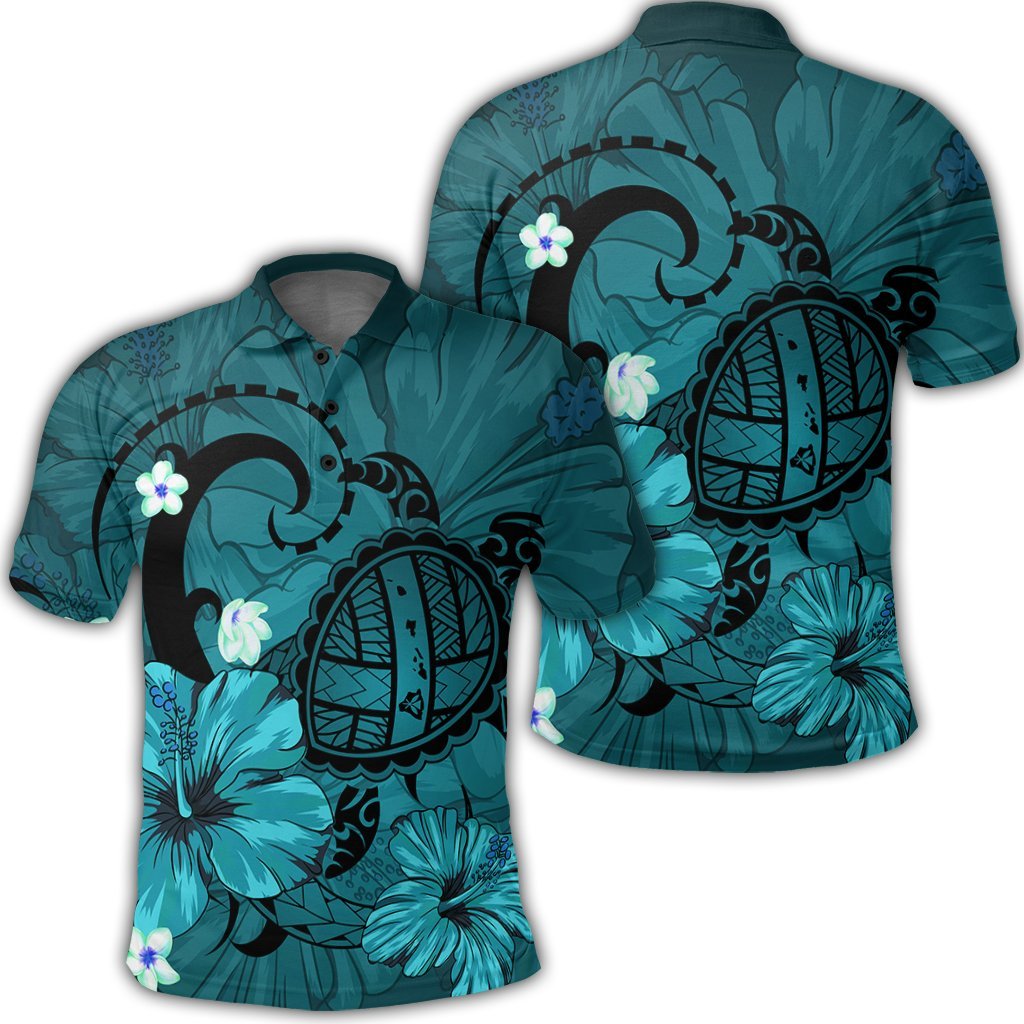 Hawaiian Map Big Turtle Hibiscus Plumeria Tribal Polynesian Polo Shirt Turquoise Unisex Black - Polynesian Pride