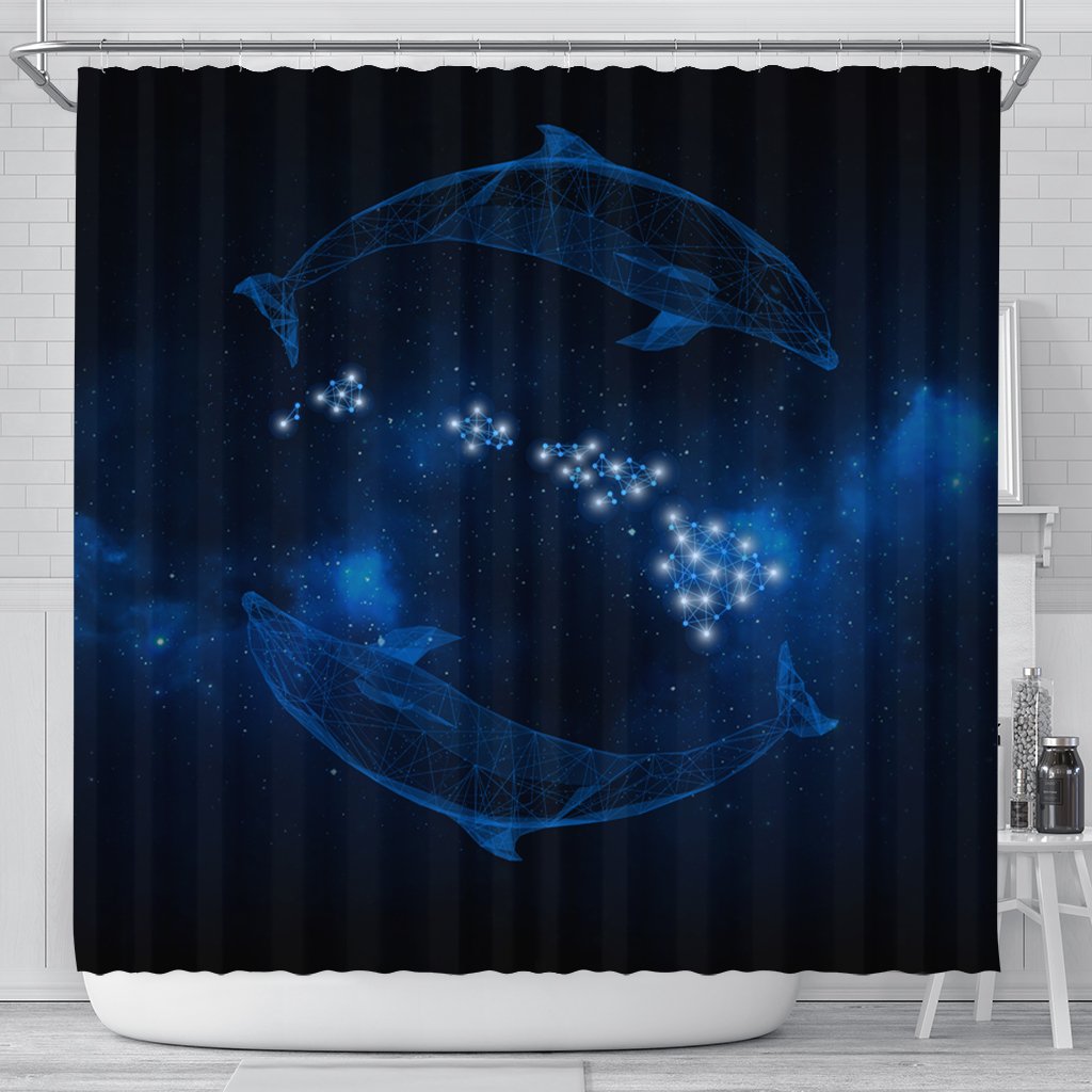 Hawaiian Map Galaxy Zodiac Dolphin Polynesian Shower Curtain - AH 177 x 172 (cm) Black - Polynesian Pride