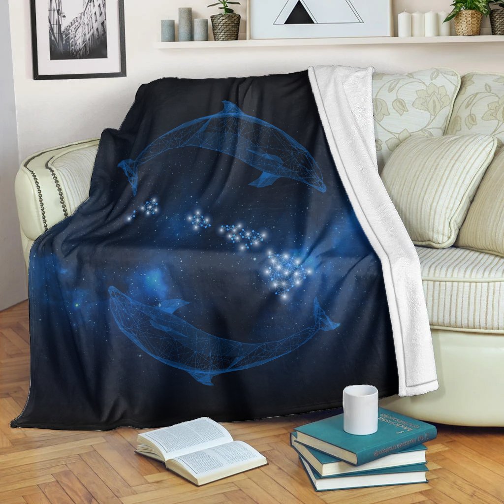 Hawaiian Map Galaxy Zodiac Dolphin Polynesian Premium Blankets - AH White - Polynesian Pride