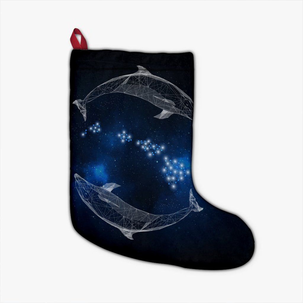 Hawaiian Map Galaxy Zodiac Dolphin White Polynesian Christmas Stocking - AH Christmas Stocking 26 X 42 cm Black - Polynesian Pride