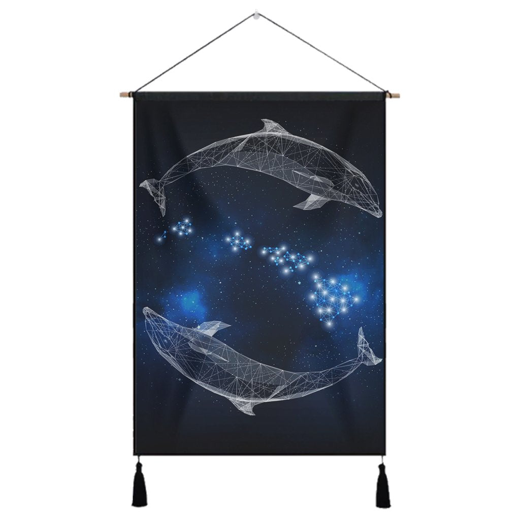 Hawaiian Map Galaxy Zodiac Dolphin White Polynesian Hanging Poster - AH Hanging Poster Cotton And Linen - Polynesian Pride