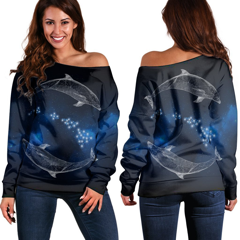 Hawaiian Map Galaxy Zodiac Dolphin White Polynesian Women's Off Shoulder Sweater - AH Black - Polynesian Pride