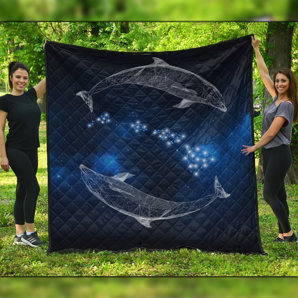 Hawaiian Map Galaxy Zodiac Dolphin White Polynesian Premium Quilts - AH Black - Polynesian Pride