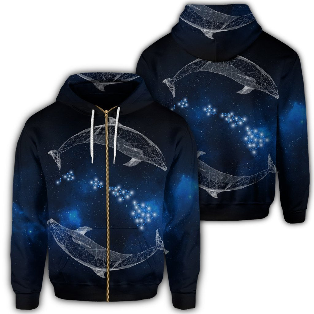 Hawaiian Map Galaxy Zodiac Dolphin White Polynesian Zip Hoodie Unisex Art - Polynesian Pride