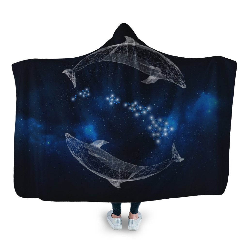 Hawaiian Map Galaxy Zodiac Dolphin White Polynesian Hooded Blanket - AH Hooded Blanket White - Polynesian Pride