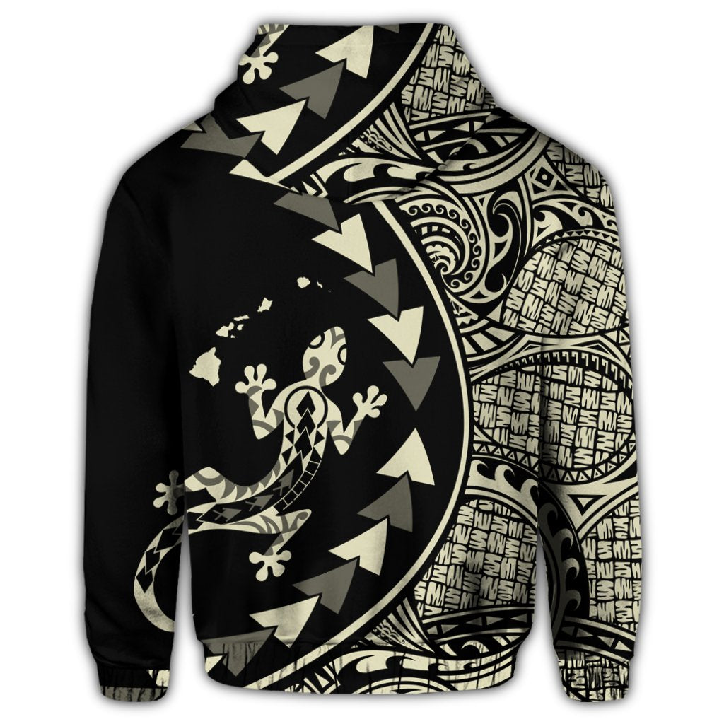 Hawaiian Map Gecko Tattoo Kakau Polynesian Hoodie Beige - Polynesian Pride