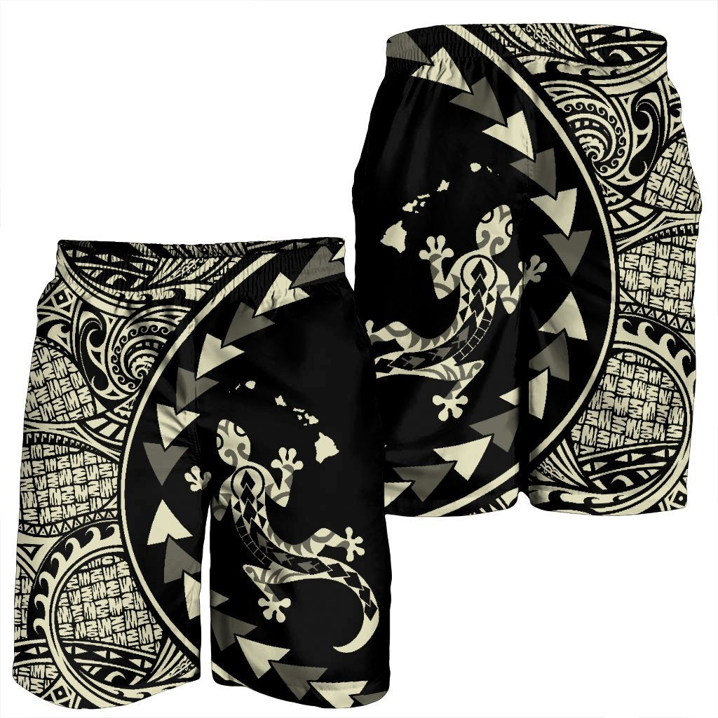 Hawaiian Map Gecko Tattoo Kakau Polynesian Men's Shorts Beige AH - Polynesian Pride