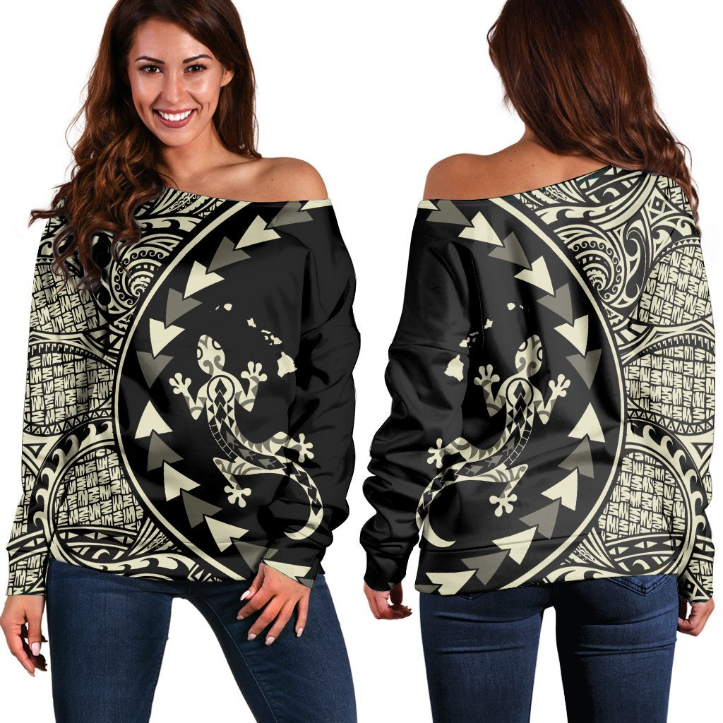 Hawaiian Map Gecko Tattoo Kakau Polynesian Women's Off Shoulder Sweater Beige AH Black - Polynesian Pride