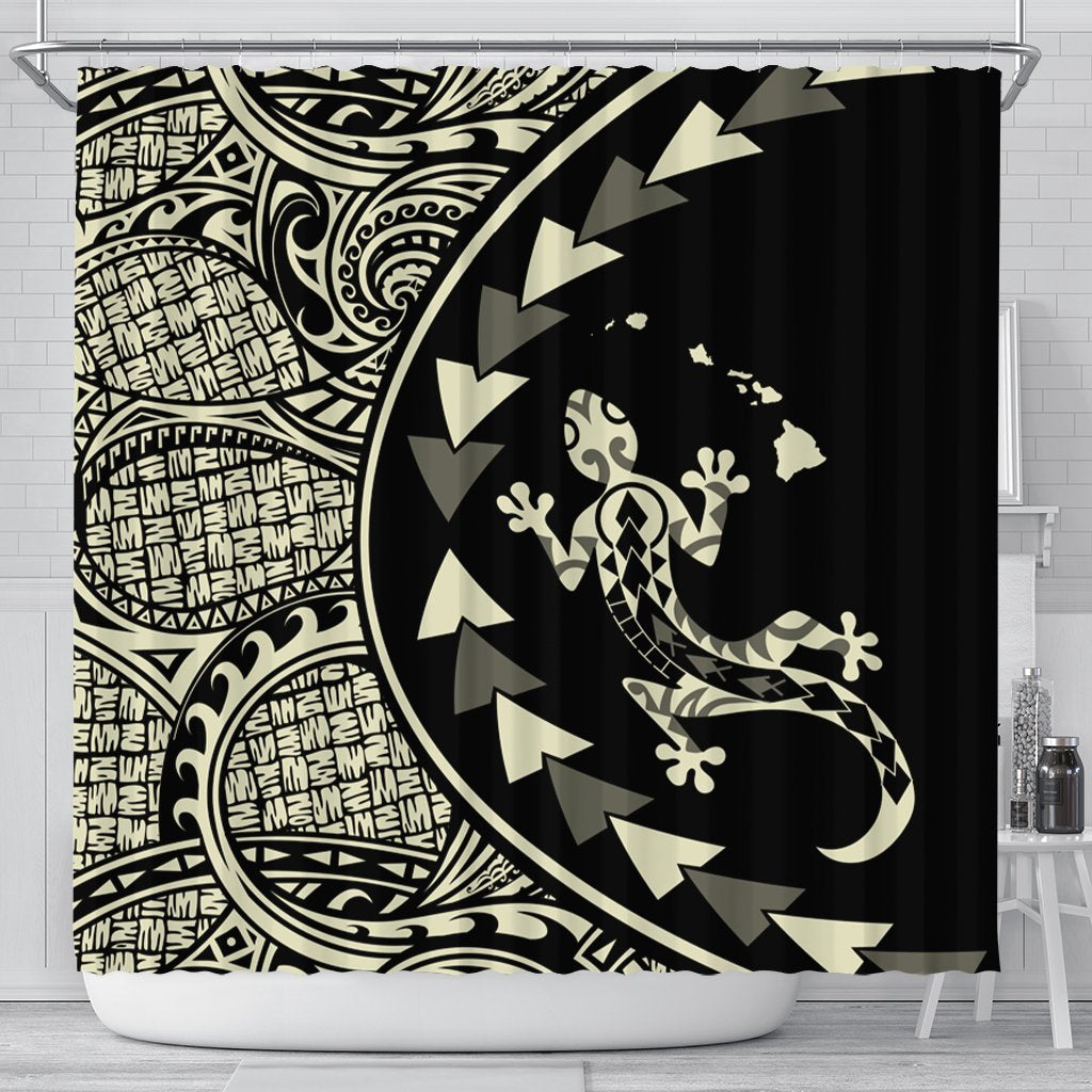 Hawaiian Map Gecko Tattoo Kakau Polynesian Shower Curtain Beige AH 177 x 172 (cm) Black - Polynesian Pride