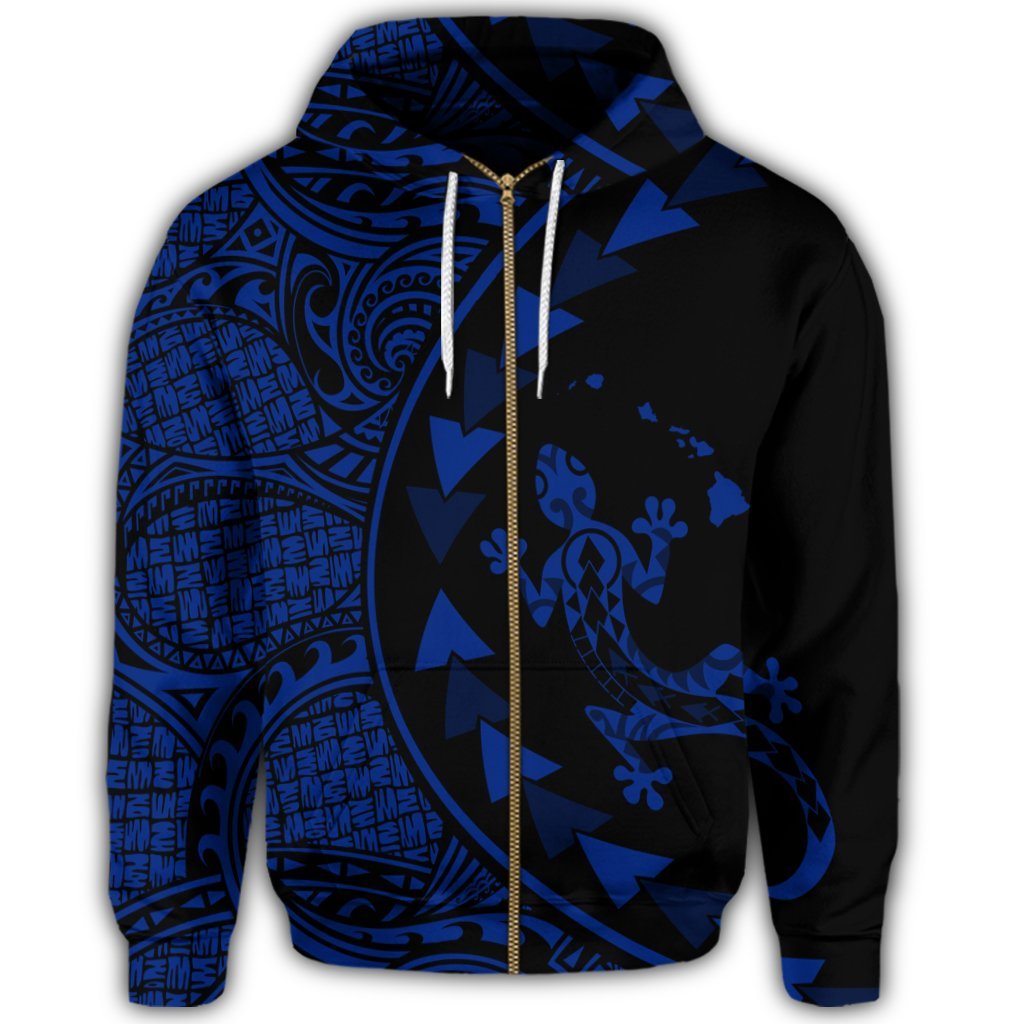 Hawaiian Map Gecko Tattoo Kakau Polynesian Zip Hoodie Blue - Polynesian Pride