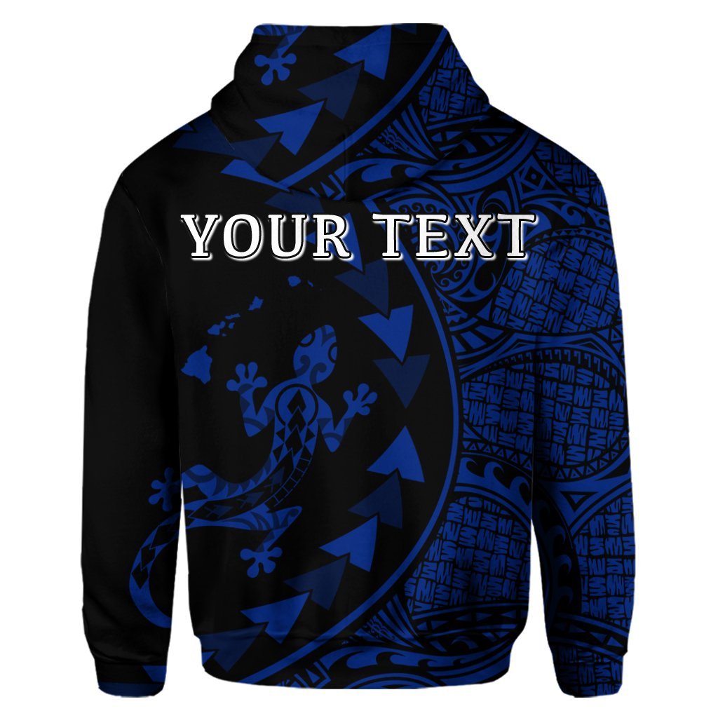 Custom Hawaiian Map Gecko Tattoo Kakau Polynesian Hoodie Blue - Polynesian Pride