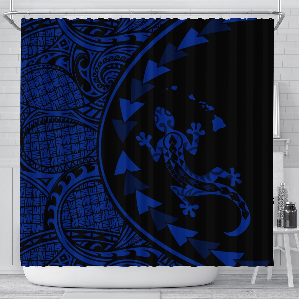 Hawaiian Map Gecko Tattoo Kakau Polynesian Shower Curtain Blue AH 177 x 172 (cm) Black - Polynesian Pride