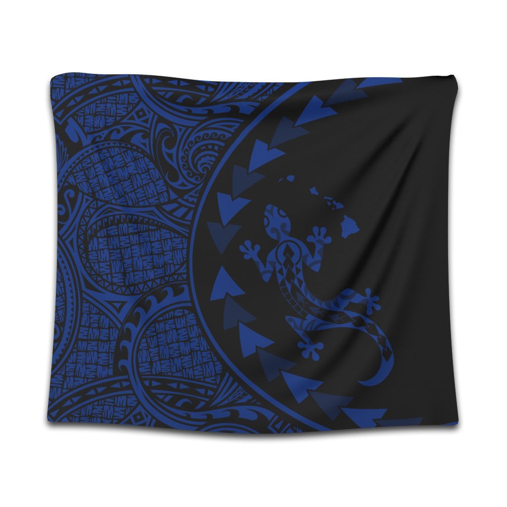 Hawaiian Map Gecko Tattoo Kakau Polynesian Tapestry Blue AH Wall Tapestry Black - Polynesian Pride