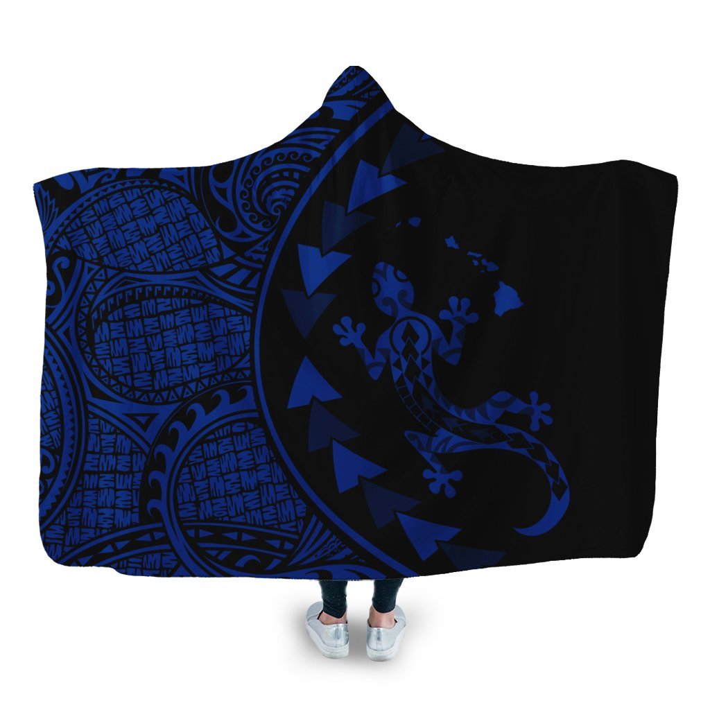 Hawaiian Map Gecko Tattoo Kakau Polynesian Hooded Blanket Blue AH Hooded Blanket White - Polynesian Pride